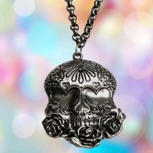Sugar Skull Necklace Dia de Los Muertos in edgy Gun Metal Finish